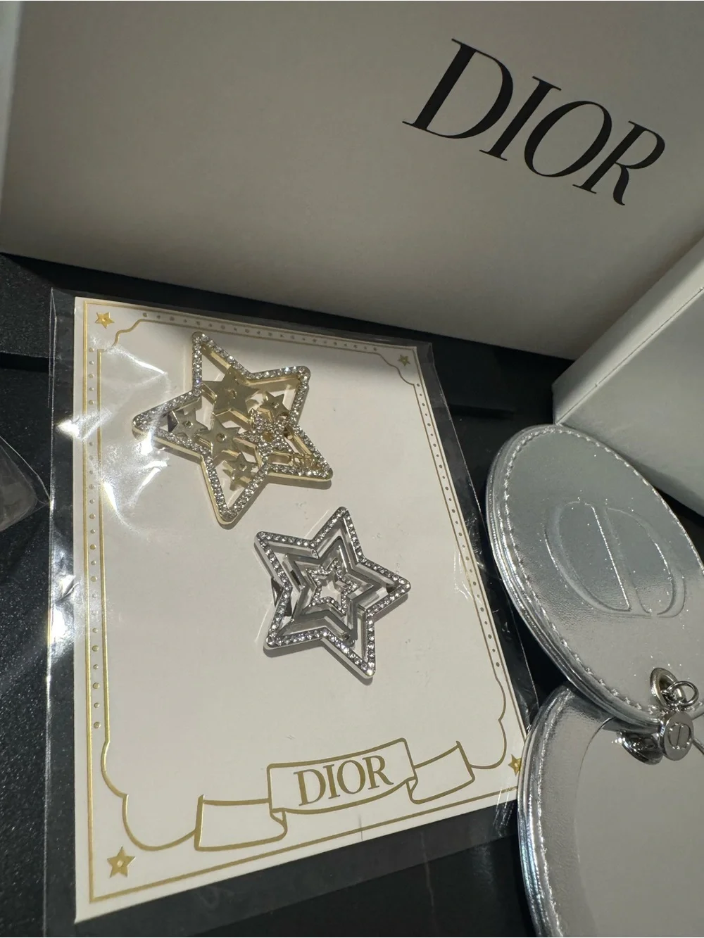Dior Beauty Pouch with Light Pink&Black Satin Scrunchie & Starclips & Mirror